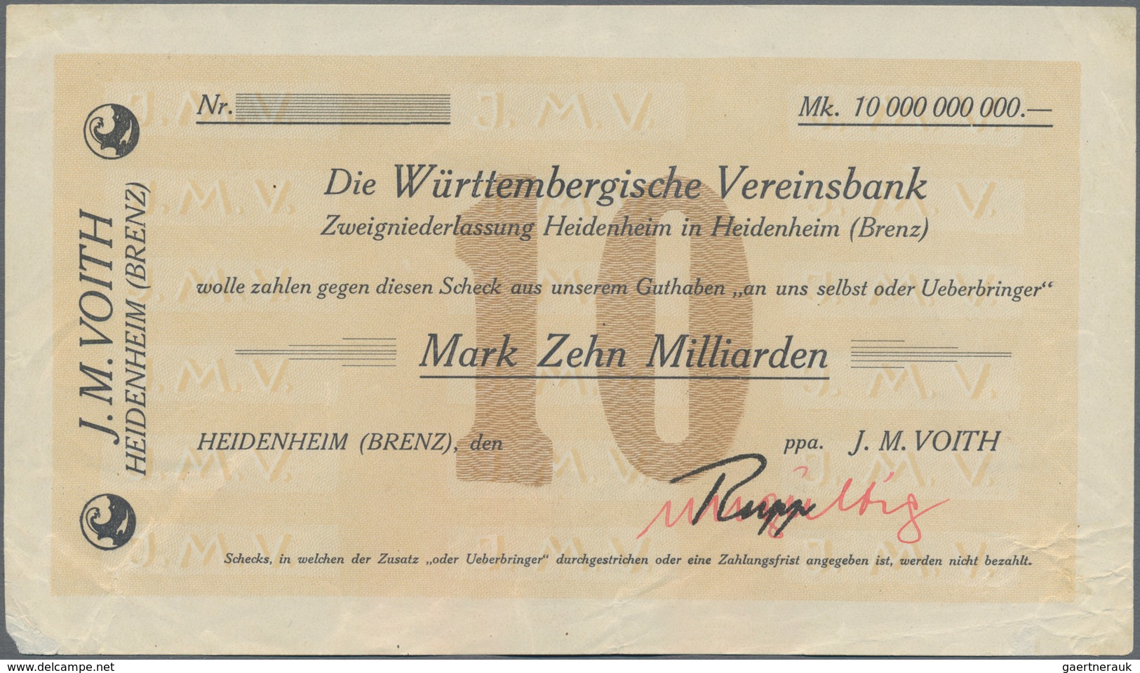 Deutschland - Notgeld - Württemberg: Heidenheim, J. M. Voith, 200 Tsd. Mark, 21.9.1923, 10 Mrd. Mark - Lokale Ausgaben