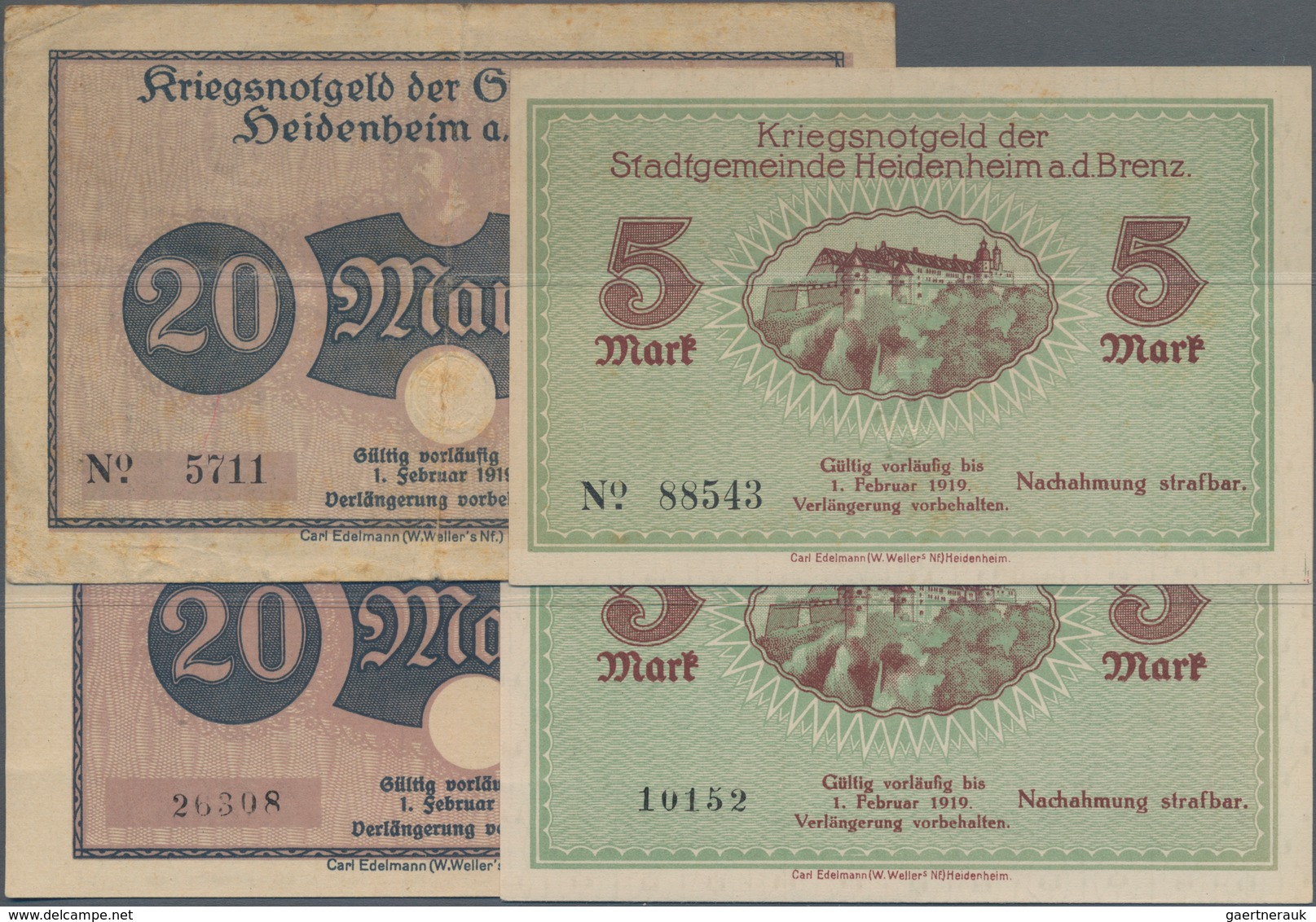 Deutschland - Notgeld - Württemberg: Heidenheim, Stadt, 5, 20 Mark, November 1918, Jeweils Ohne Präg - Lokale Ausgaben