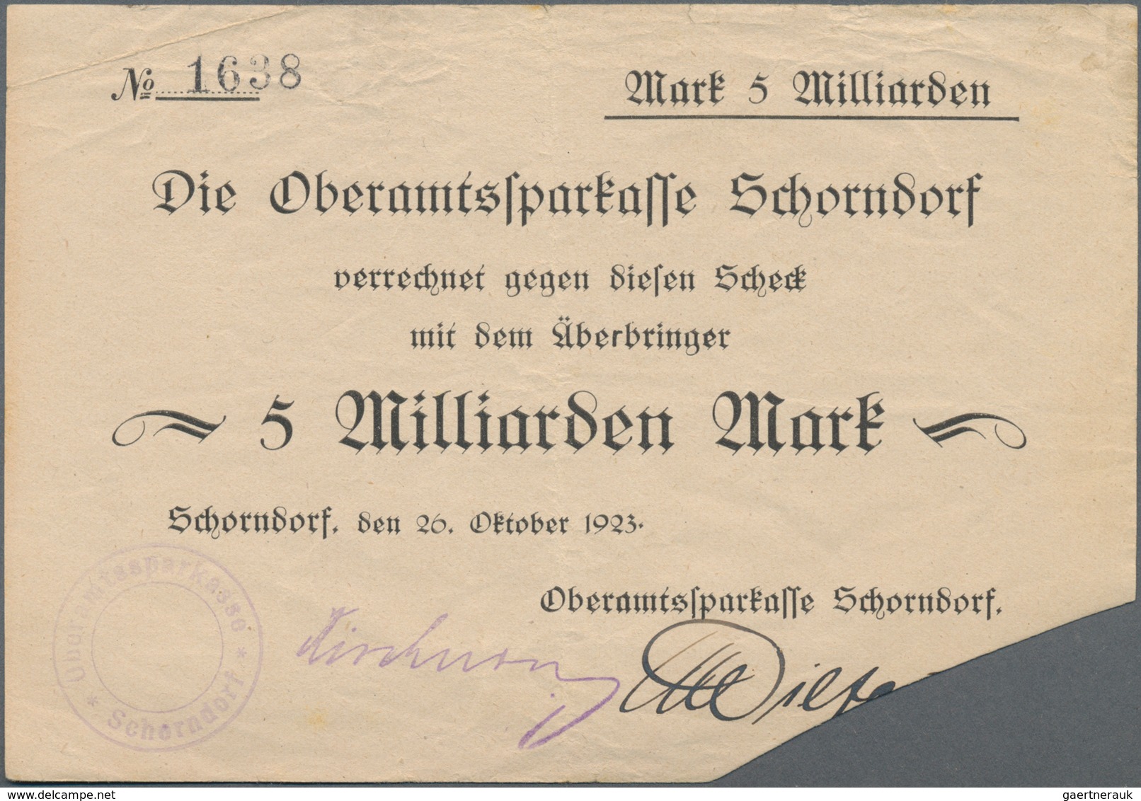 Deutschland - Notgeld - Württemberg: Schorndorf, Oberamtssparkasse, 5 Mrd. Mark, 26.10.1923, Gedruck - Lokale Ausgaben