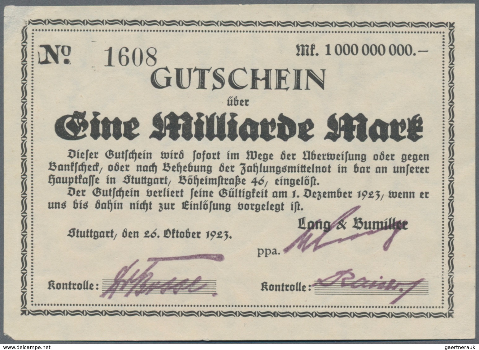 Deutschland - Notgeld - Württemberg: Stuttgart, Lang & Bumiller, 1, 5, 10 Mrd. Mark, Erh. II-III; A. - Lokale Ausgaben