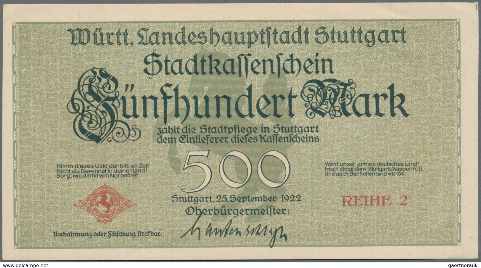 Deutschland - Notgeld - Württemberg: Stuttgart, Stadt, 100 Mark, 1.11.1922, 500 Mark, 25.9.1922, bra