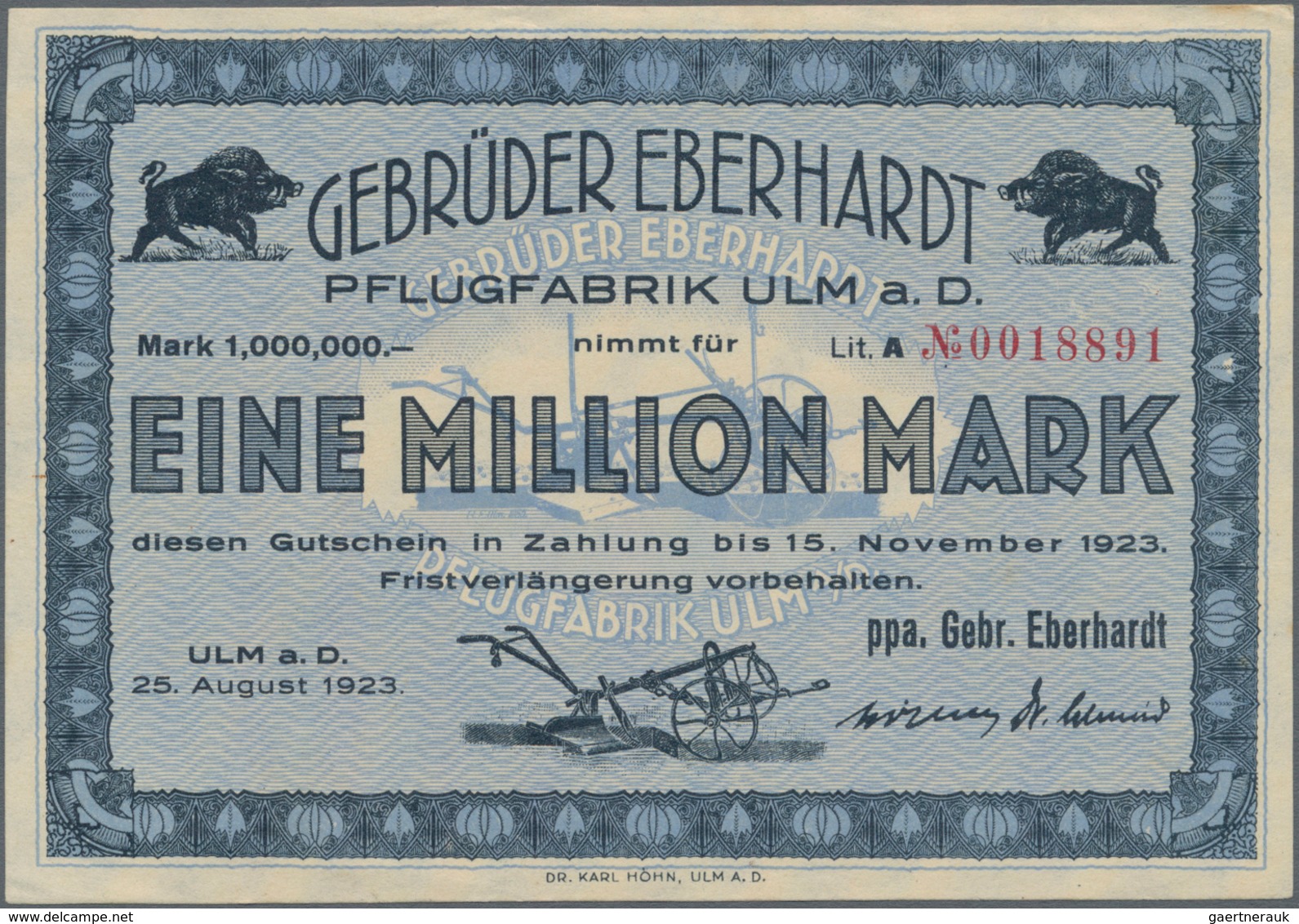 Deutschland - Notgeld - Württemberg: Ulm, Gebrüder Eberhardt, Pflugfabrik, 1 Mio. Mark, 25.8.1923, S - [11] Emissions Locales