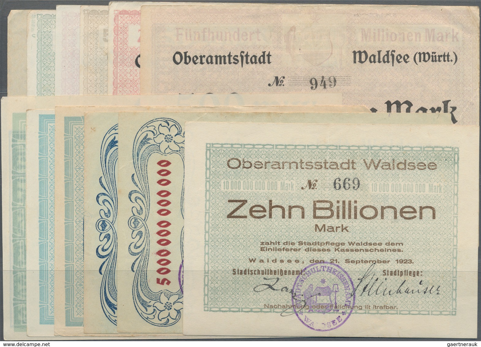 Deutschland - Notgeld - Württemberg: Waldsee, Oberamtsstadt, 2, 5 Mio. Mark, 26.8.1923; 20, 50, 200, - [11] Emissions Locales