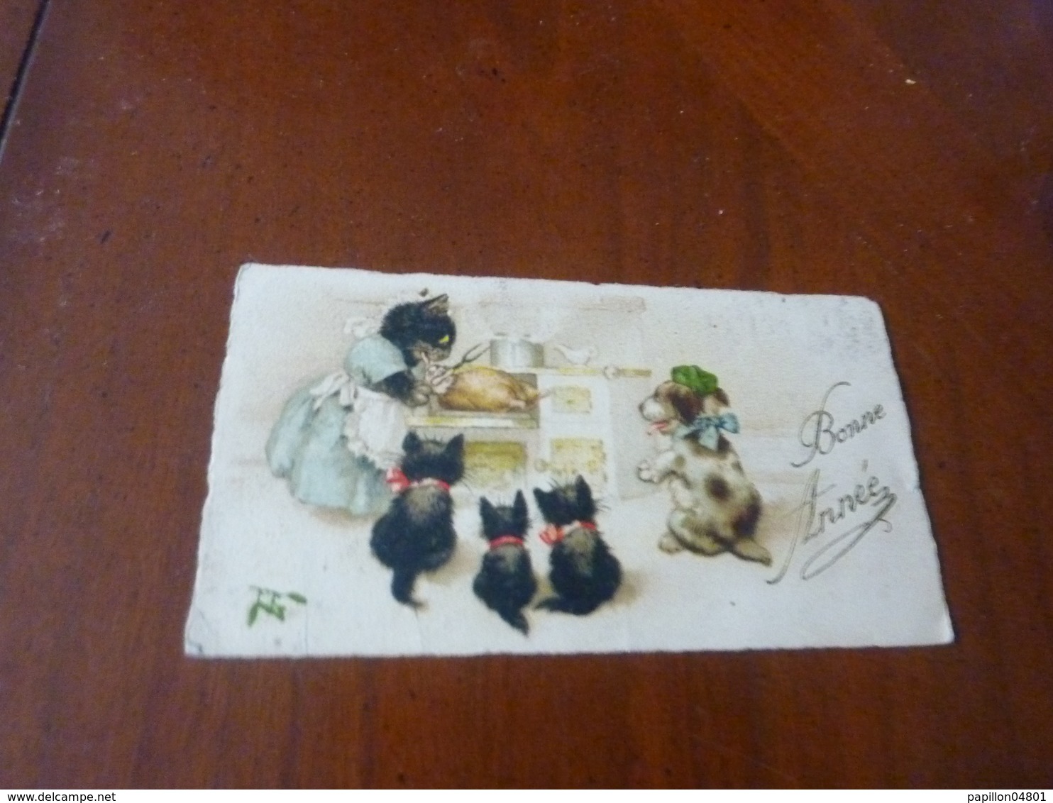 Carte De Voeux Ancienne Bonne Annee Chromos  Les Chats Cats Chien Ecrite - Nouvel An