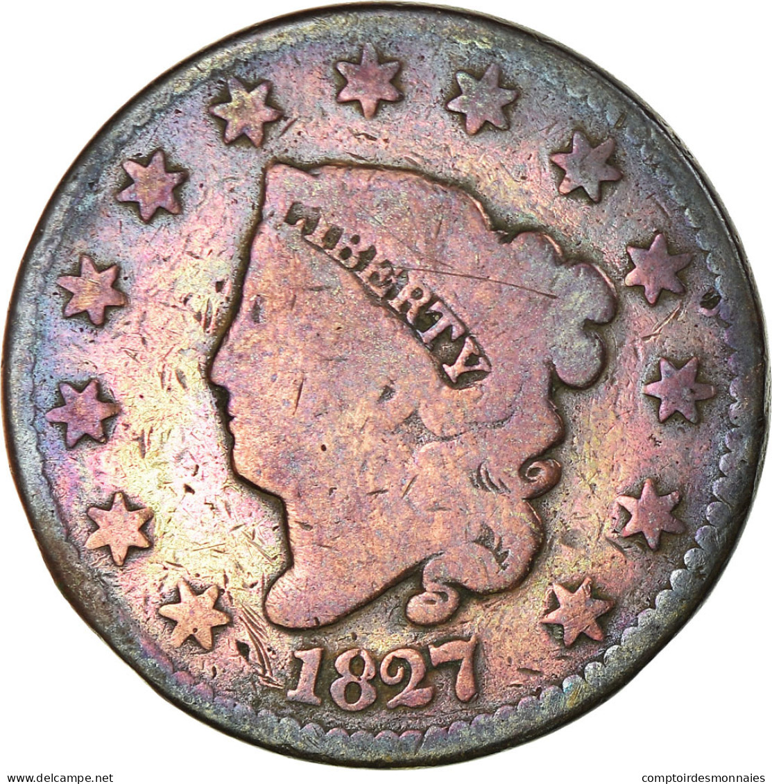 Monnaie, États-Unis, Coronet Cent, Cent, 1827, U.S. Mint, Philadelphie, TB - 1816-1839: Coronet Head