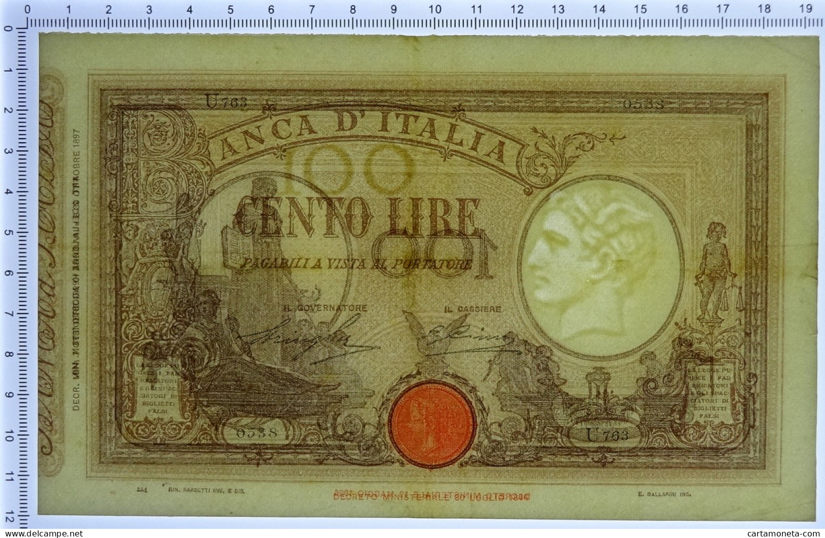 100 LIRE BARBETTI GRANDE B MATRICE LATERALE TESTINA FASCIO 07/10/1929 BB/SPL - Andere