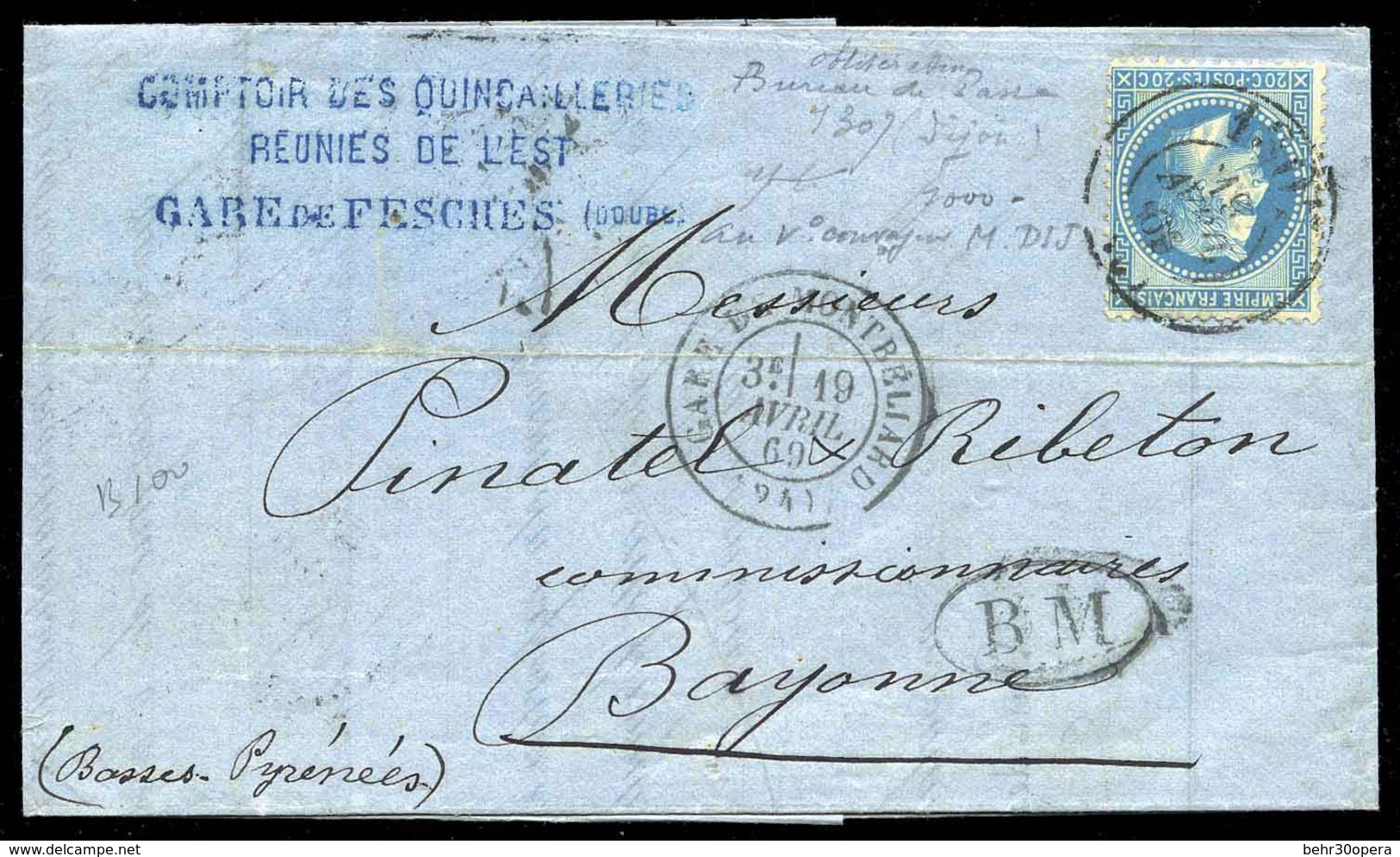 O N°29B - 20c. Bleu Obl. Du Cachet ''1307'' Du Bureau De Passe De DIJON, Du 19 Avril 1869 En Noir, S/lettre Frappée Du C - 1863-1870 Napoléon III. Laure