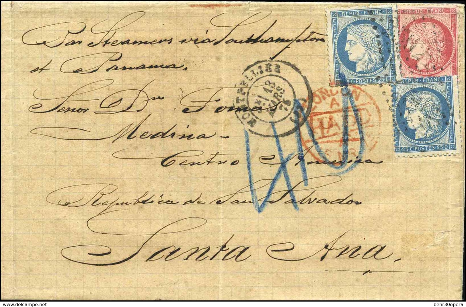 O N°57+ 60 X 2 - 80c. Rose + 25c. Bleu X 2 Obl. S/lettre Frappée Du CàD De MONTPELLIER Du 13 Mars 1876 à Destination De  - 1871-1875 Ceres