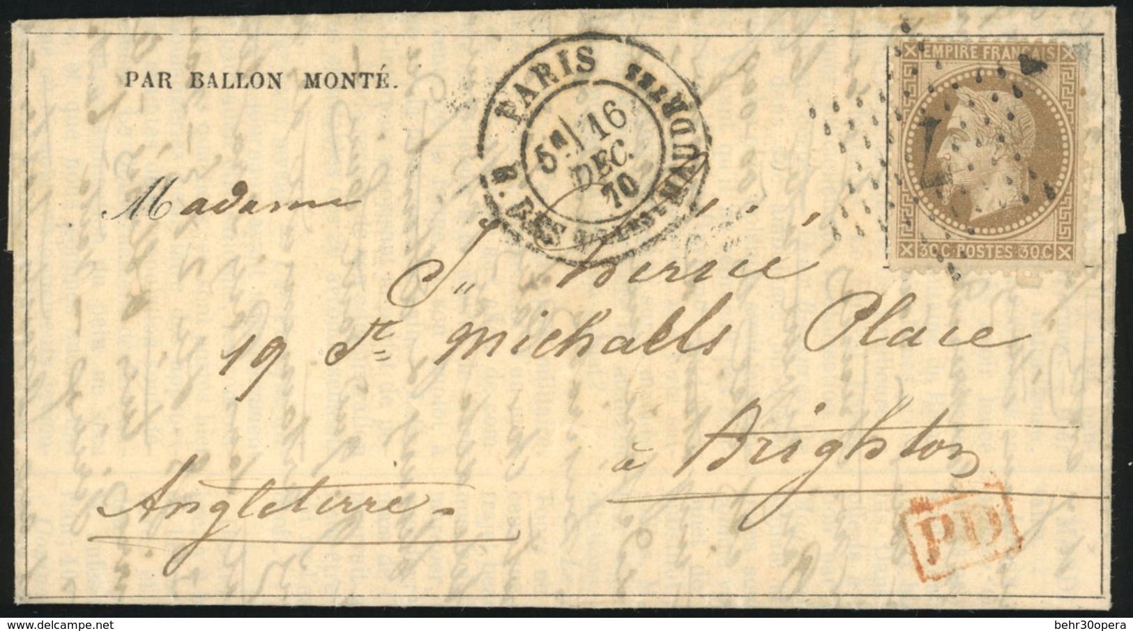 O N°30 - LE PARMENTIER. 30c. Brun Obl. étoile 7 S/Gazette Des Absents N°16 Frappée Du CàD De PARIS - B. DES Vlles HAUDRt - Krieg 1870