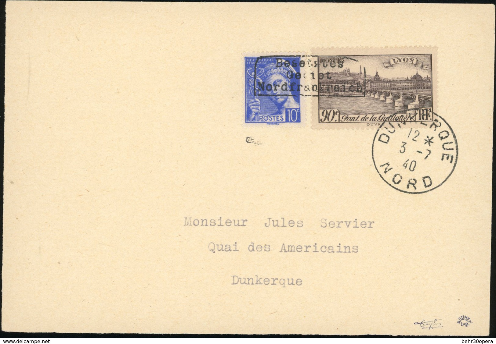 O N°407450 - 10c. Bleu + 90c. Brun-violet Surcharge DUNKERQUE Obl. Sur Lettre Frappée Du CàD De DUNKERQUE Du 03 JUILLET  - War Stamps