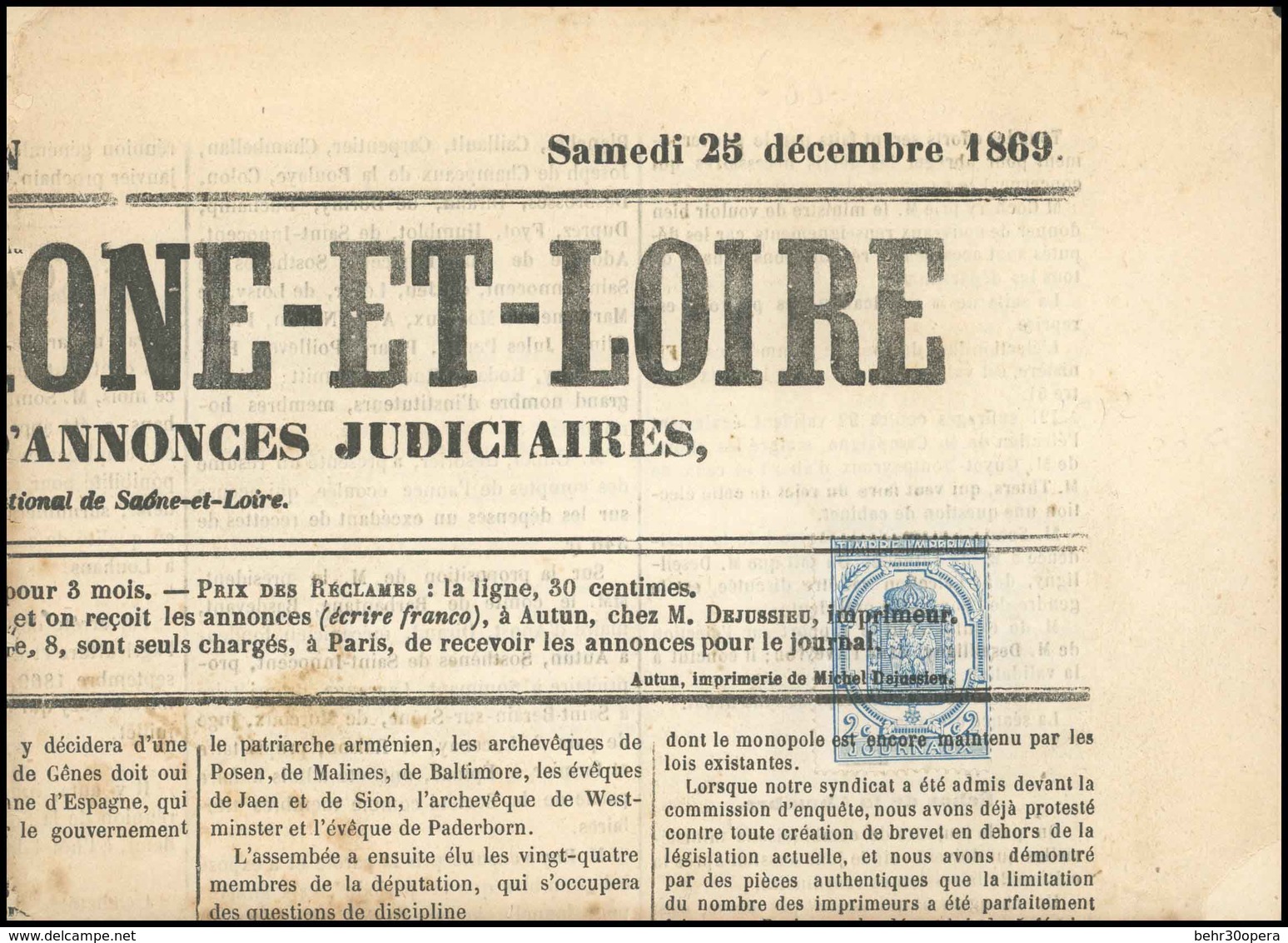 O N°8 - 2c. Bleu. Obl. S/journal De SAONE-ET-LOIRE Du 25 Décembre 1869. TB. - Zeitungsmarken (Streifbänder)