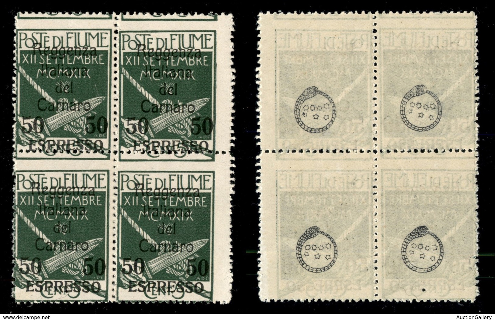 OCCUPAZIONI I GUERRA MONDIALE - FIUME - 1920 - 50 Su 5 Cent Reggenza (4 - Varietà) - Quartina - Dentellatura Destra Spos - Andere & Zonder Classificatie