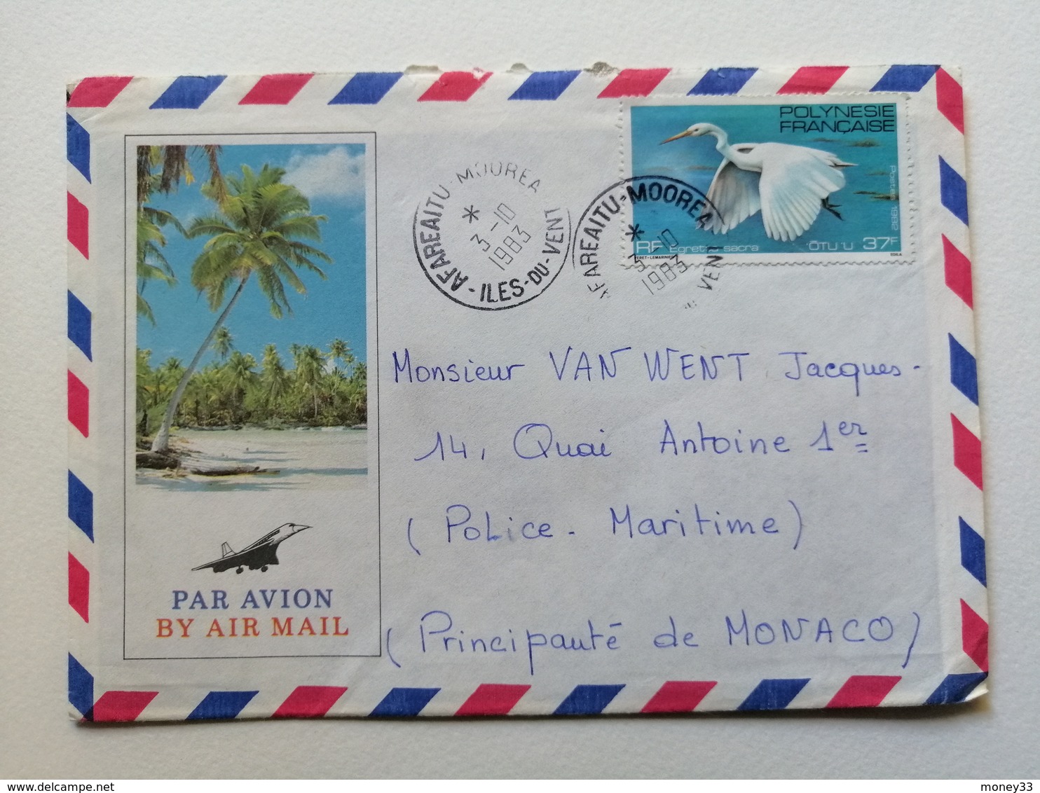 Courrier Aérien Polynesie Française Vers Monaco Oblitéré Avec Flamme 1983 - Covers & Documents