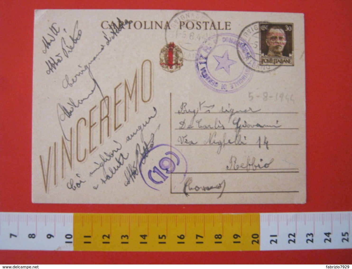 PC.3 ITALIA RSI CARTOLINA POSTALE - 1944 VINCEREMO SOVRASTAMPATA ROSSO FASCIO DA CERVIGNANO ADDA MILANO LODI 5/8 CENSURA - Interi Postali