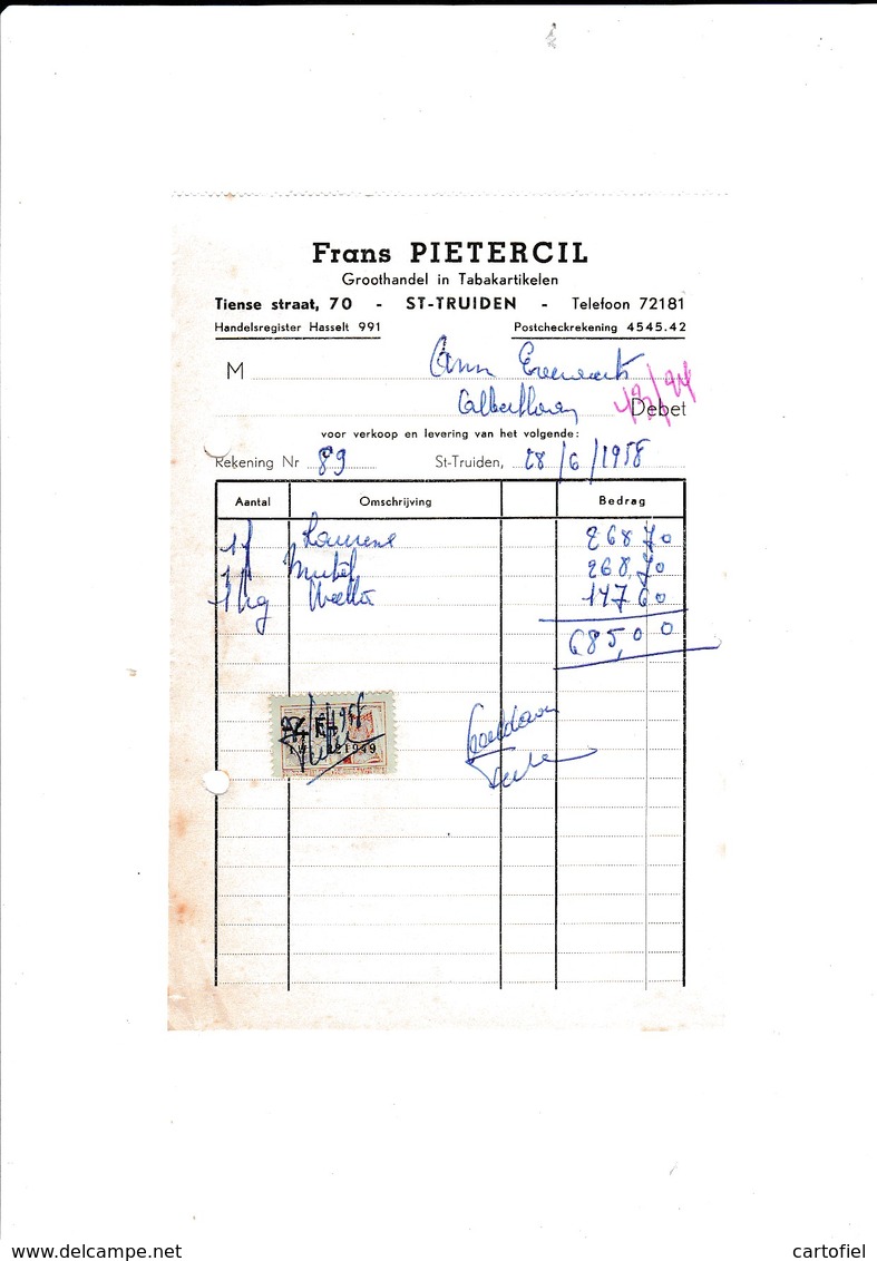 SINT-TRUIDEN-FACTUUR-1958-FRANS PIETERCIL-TIENSE STRAAT-GROOTHANDEL IN TABAKARTIKELEN-TAKSZEGELS-MOOI ! ! ! - 1950 - ...