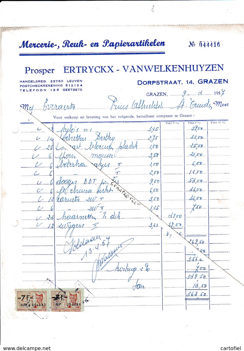 GRAZEN-GEETBETS-FACTUUR-1957-PROSPER ERTRYCKX-DORPSTRAAT-MERCERIE-REUK-PAPIERARTIKELEN-ZELDZAAM-FISCALE ZEGELS-MOOI ! ! - 1950 - ...