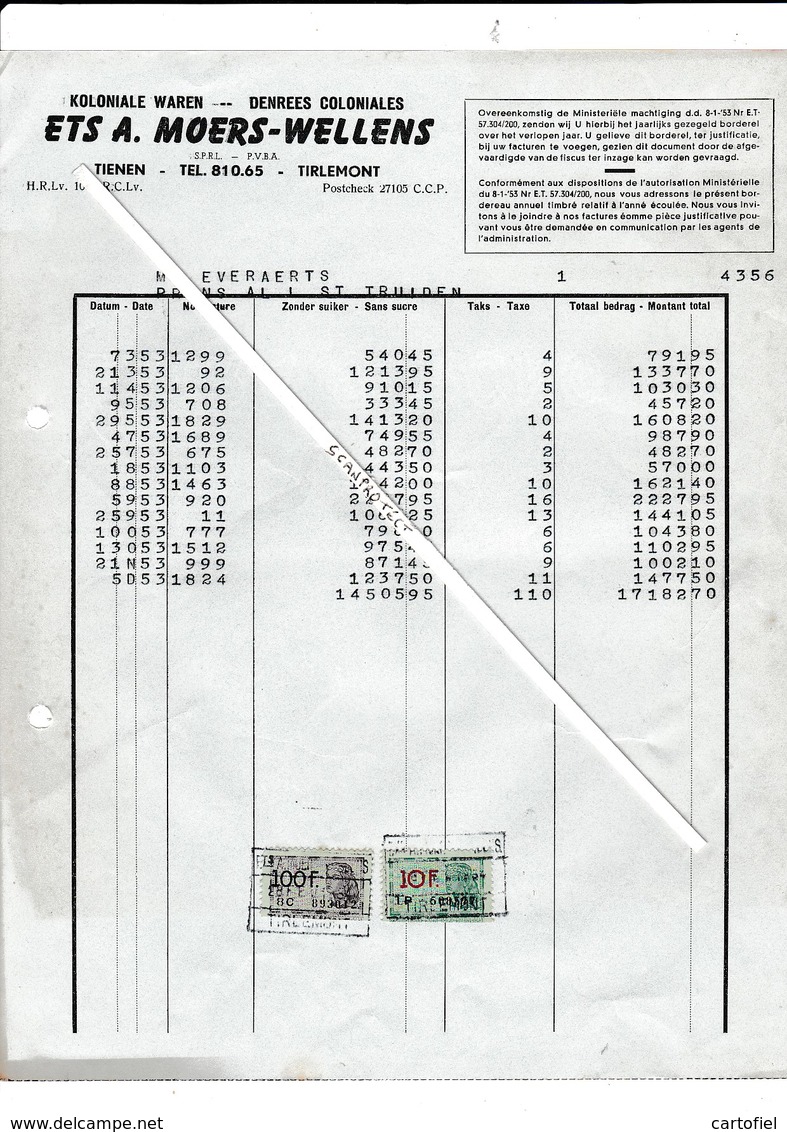 TIENEN-FACTUUR-1953-A.MOERS-WELLENS-KOLONIALE WAREN-DENREES COLONIALES-FISCALE ZEGELS-MOOI ! ! - 1950 - ...