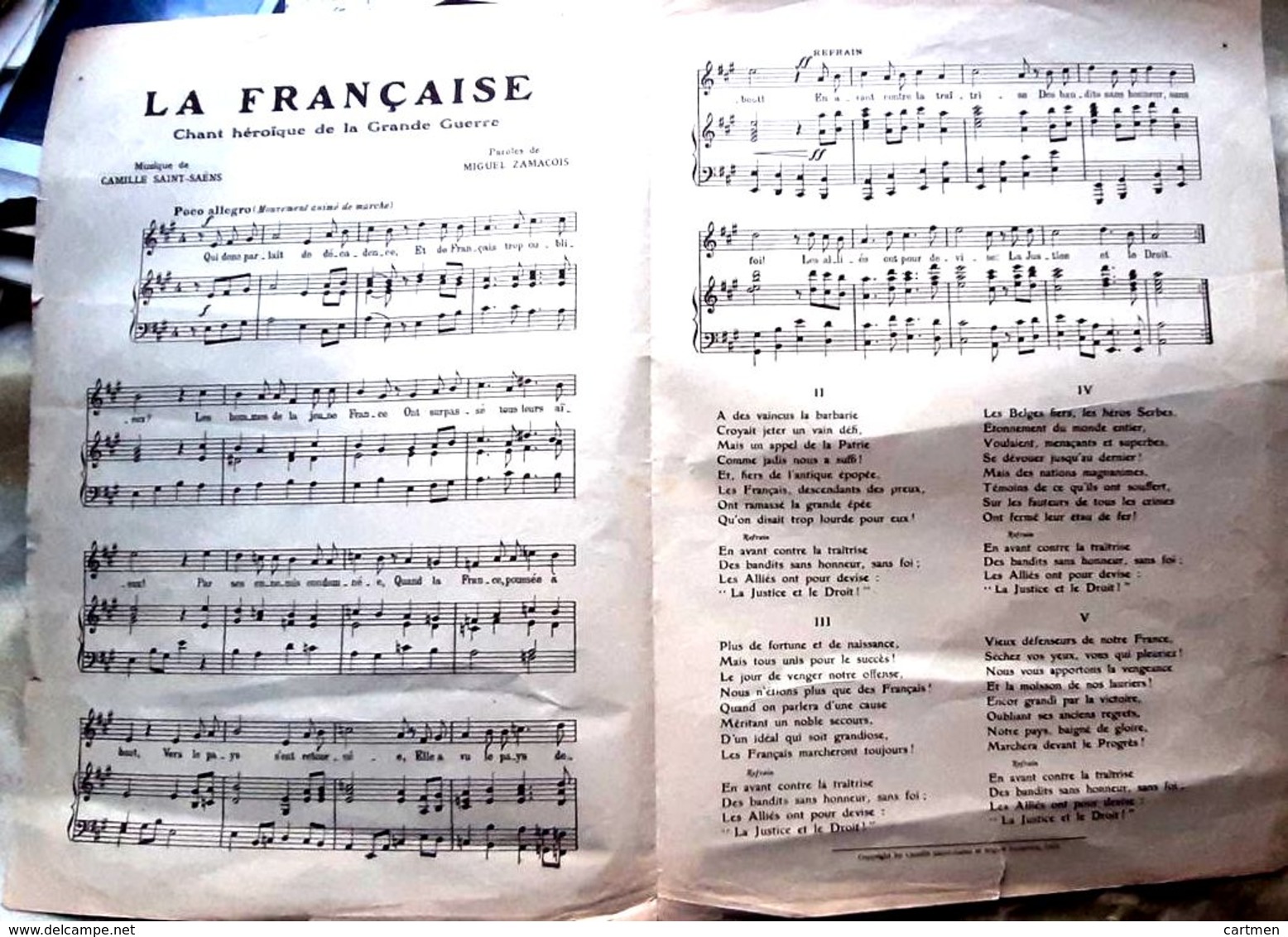 SAINT SAENS LA FRANCAISE CHANT HEROIQUE DE LA GRANDE GUERRE COMPOSE SPECIALEMENT POUR LE PETIT PARISIEN 1915 - S-U