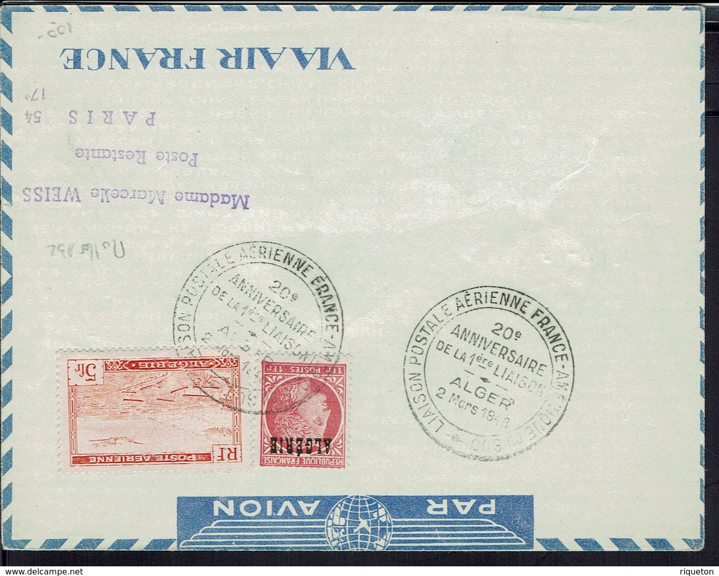 Algérie - 20éme Anniv. De La 1ére Liaison Aérienne France-Amérique -Alger 2 Mars 48 -Affr. PA + Poste Env. Pour Paris - - Airmail