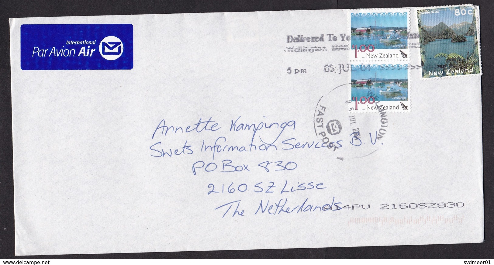 New Zealand: Airmail Cover To Netherlands, 2004, 3 Stamps, Landscape, Ship, Fastpost Cancel, Air Label (damaged) - Briefe U. Dokumente