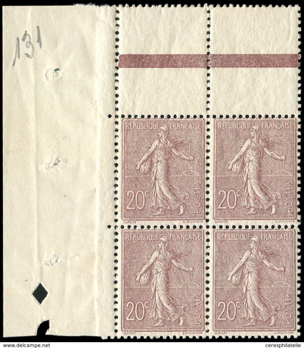 ** EMISSIONS DU XXème SIECLE - 131   Semeuse Lignée, 20c. Brun Lilas, BLOC De 4 Cdf, Bon Centrage, TB - Unused Stamps