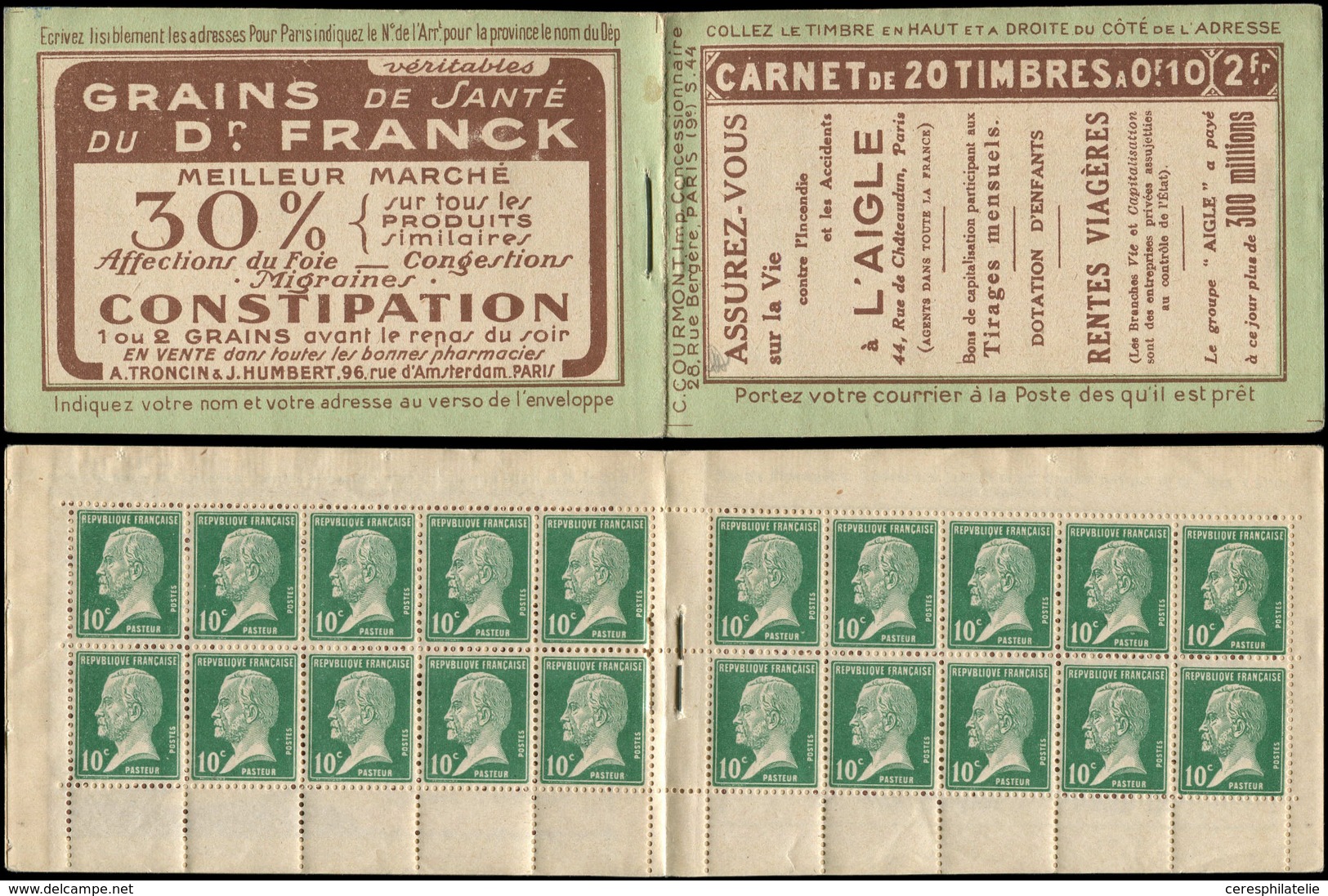 CARNETS (N° Yvert) - 170-C1    Pasteur, 10c. Vert, N°170, S. 44, L'AIGLE-Dr FRANCK, TB - Andere & Zonder Classificatie