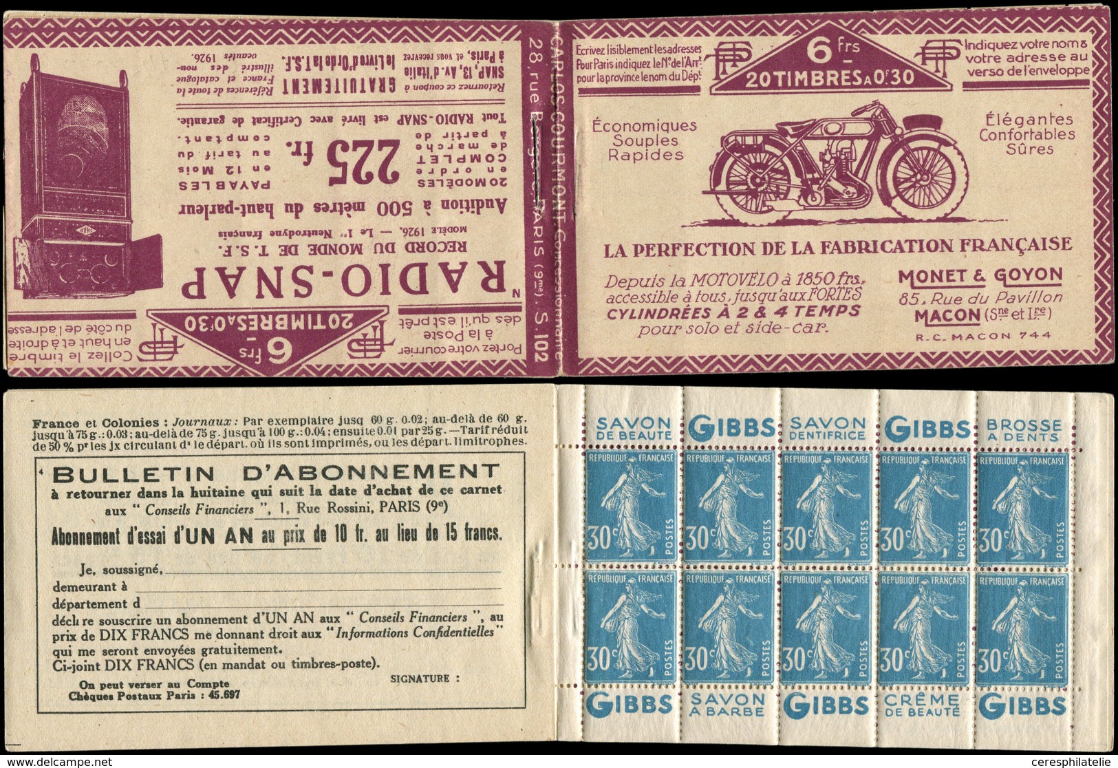 CARNETS (N° Yvert) - 192-C2    Semeuse Camée, 30c. Bleu, N°192b, T IIB, S. 102-N, RADIO-SNAP, TB - Sonstige & Ohne Zuordnung