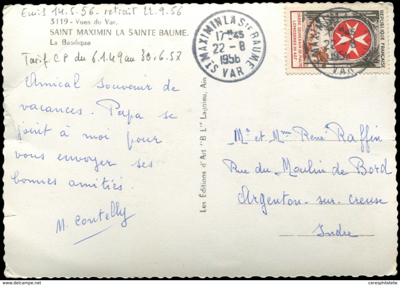 Let LETTRES DU XXe SIECLE - N°1062 Obl. Càd St Maximin 22/8/56 S. CP, TB - Covers & Documents