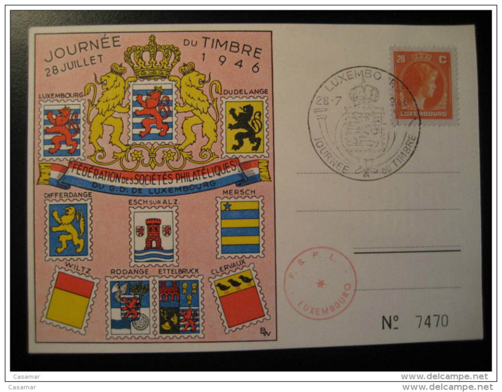 1946 Lion Arm Cancel + Stamp On Card Luxembourg - Herdenkingskaarten