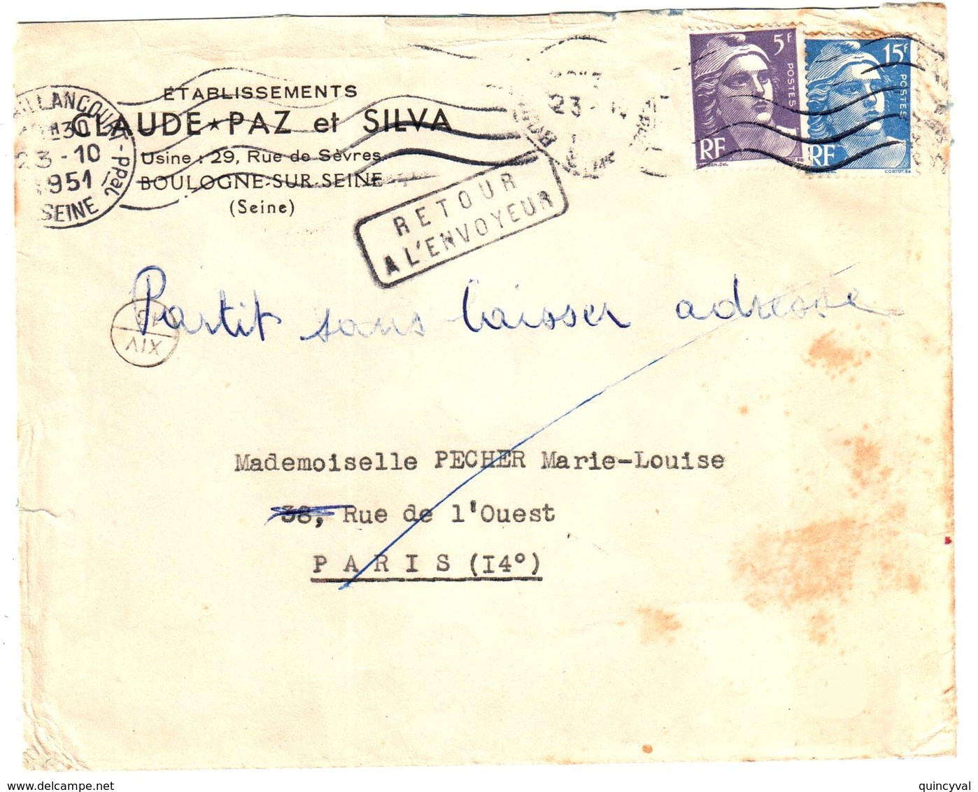 BILLANCOURT Seine Lettre Entête CLAUDE PAZ SILVA 2° Echelon Gandon 5F Violet 15F Bleu Yv 883 886 Reour Envoyeur Ob 1951 - Briefe U. Dokumente