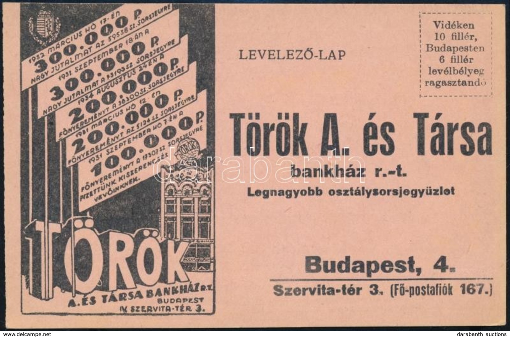 1931 A Török A. és Társa Bankház Osztálysorsjáték Húzásain Résztvevő Sorsjegyek Megrendelési Levelezőlapja - Non Classés