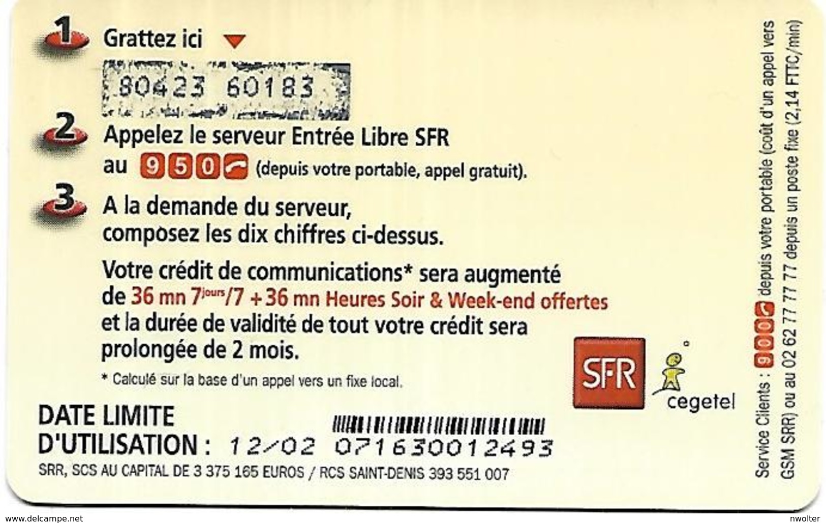 @+ Recharge SFR De La Réunion - 72min. Date Limite : 12/02 - Zero Non Barré. Ref : PU09-s - Réunion