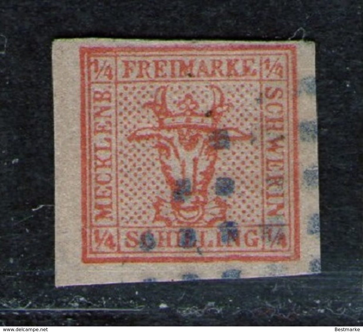 Blauer Punktstempel (Rostock) Auf 1/4 Shilling Rot - Meckl. Schwerin Nr. 1 - Kabinett - Tiefst Geprüft BPP - Mecklenburg-Schwerin