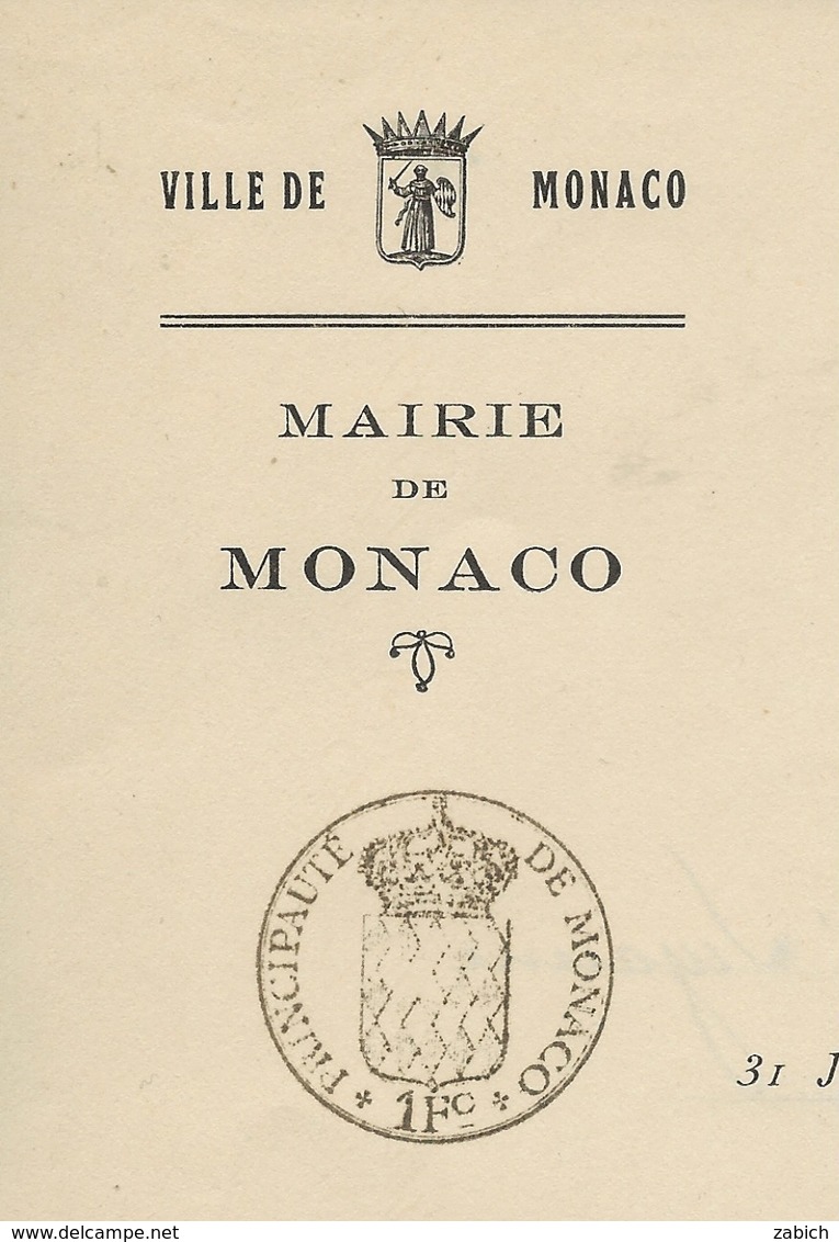 TIMBRES FISCAUX DE MONACO 1919 TIMBRE à L'EXTRAORDINAIRE BLASON 1Fc - Fiscale Zegels