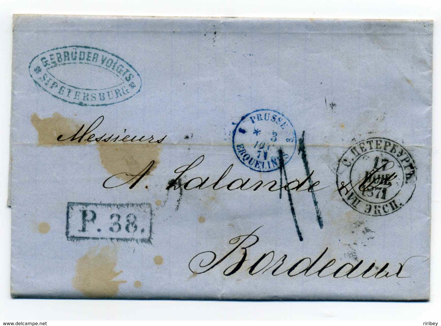 Lettre De Saint Petersbourg + Marque D'entrée En France PRUSSE Par Erquelines + Taxe P38 / 1871 - Marques D'entrées