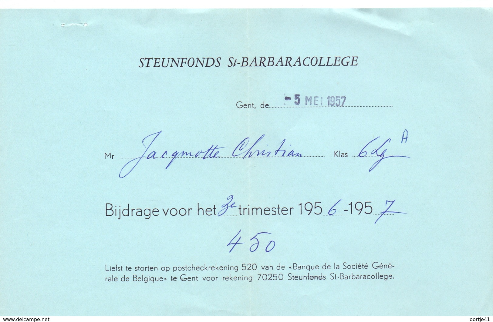 Factuur Facture - Rekening School Steunfonds St Barbaracollege  - Gent 1957 - Cars