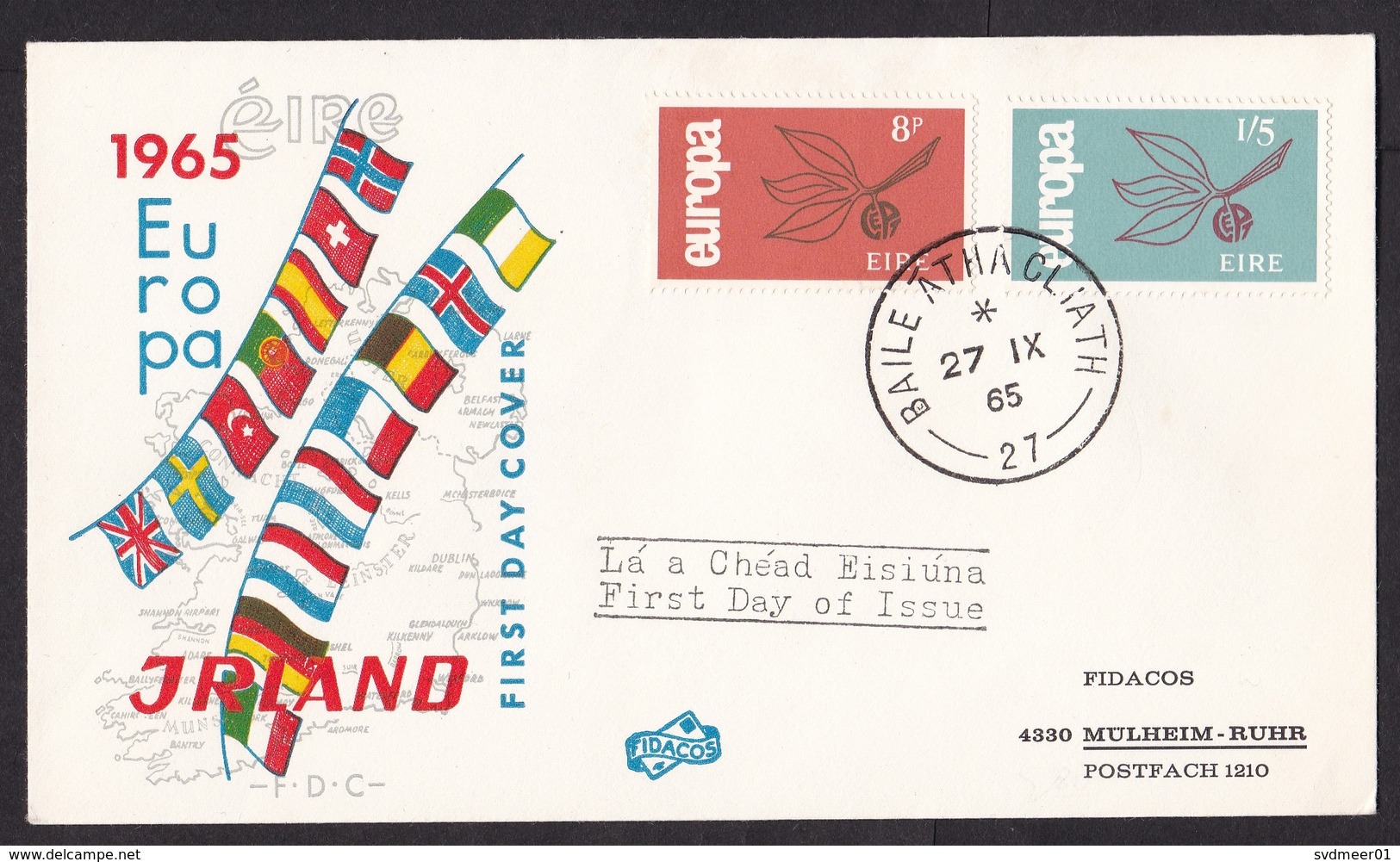 Ireland: FDC First Day Cover To Germany, 1965, 2 Stamps, CEPT, Europa, Europe, Leaf, Flag (traces Of Use) - Covers & Documents