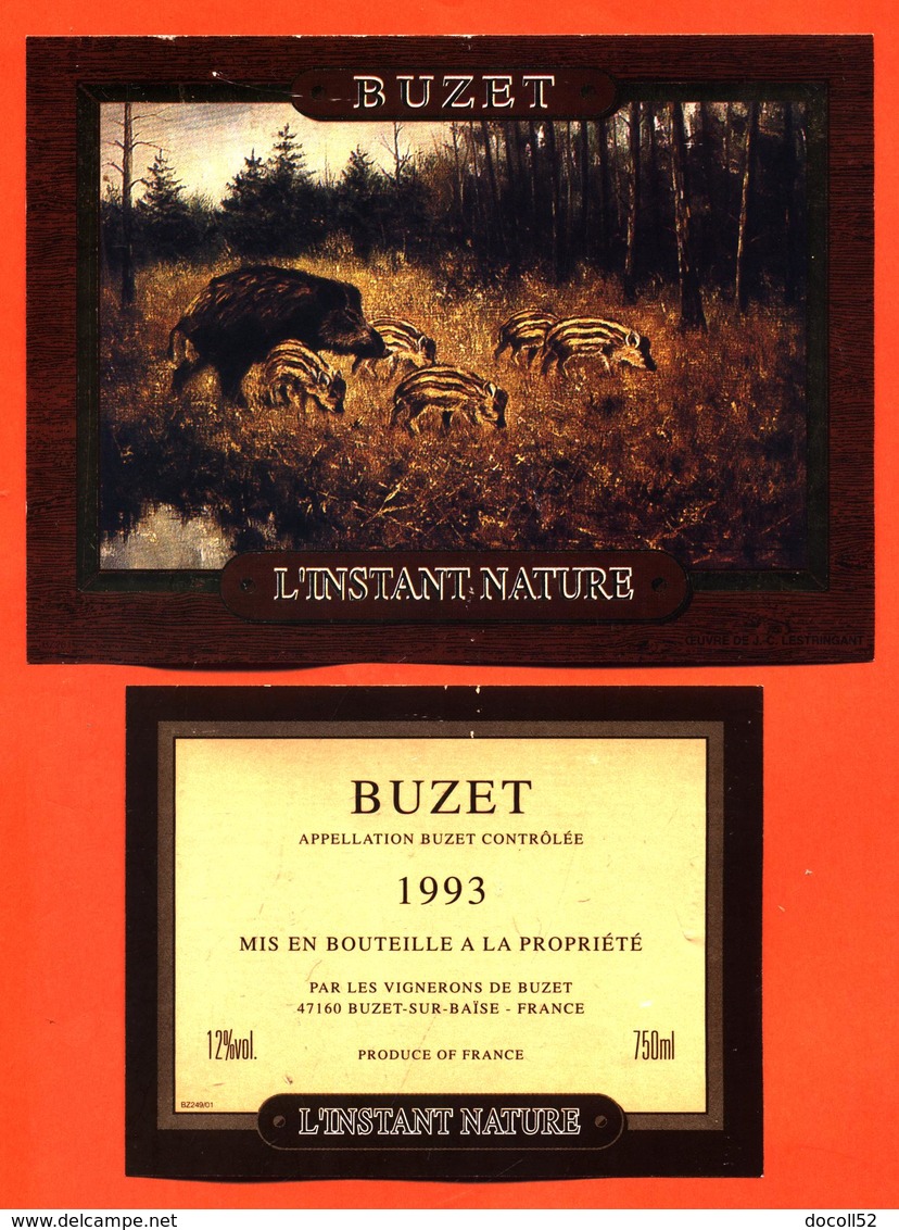 étiquette + Etiquette De Dos De Vin De Buzet 1993 L'instant Nature à Buzet Sur Baise - 75 Cl - Sanglier Et Marcassins - Caza