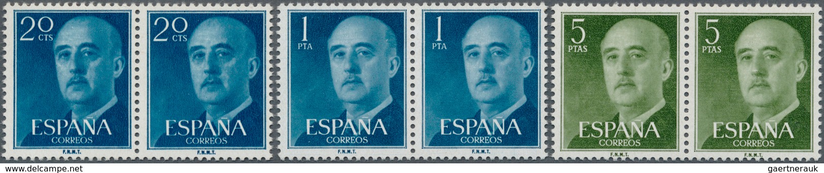 Spanien: 1955, Definitives "General Franco", 20c. Blue, 1pts. Blue And 5pts. Olive-green, Three Colo - Used Stamps