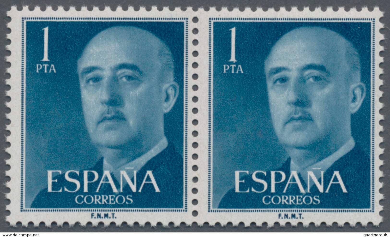 Spanien: 1955, Definitives "General Franco", 1pts. Blue, Colour Essay, Horizontal Pair, Unmounted Mi - Used Stamps