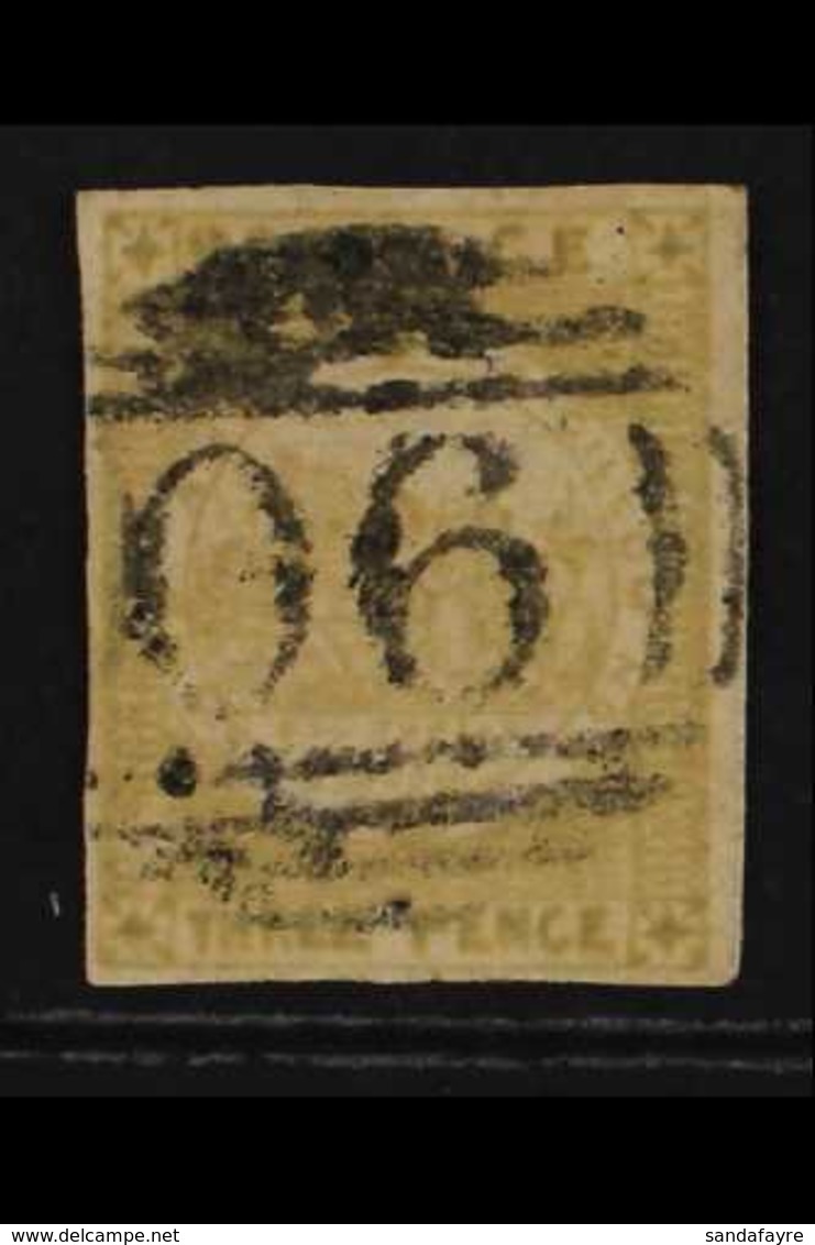 NEW SOUTH WALES 1850-51 3d Yellow-green Sydney View Yellowish Laid Paper, SG 43e, Used, Four Margins, Pen Marks On Rever - Altri & Non Classificati