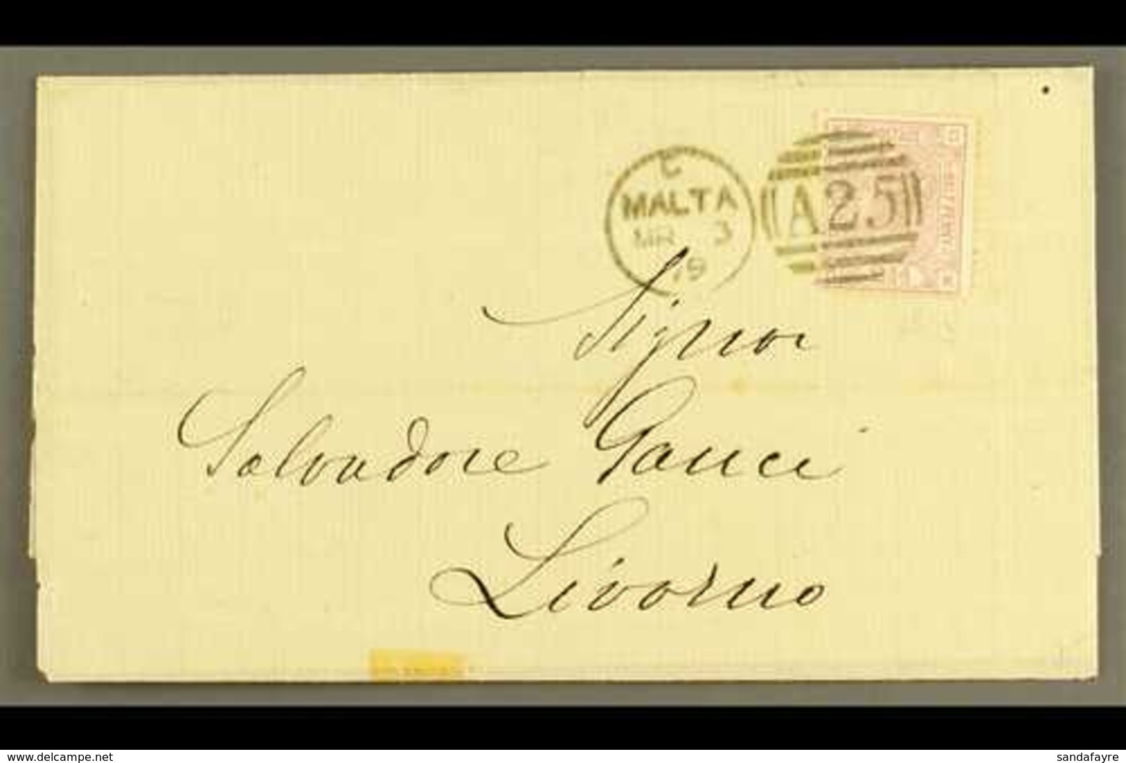 1879 COVER TO LIVORNO Bearing Great Britain 2½d Rosy-mauve, Plate 13, Tied By "MALTA / A25" Duplex Cancel, Syracusa Tran - Malta (...-1964)