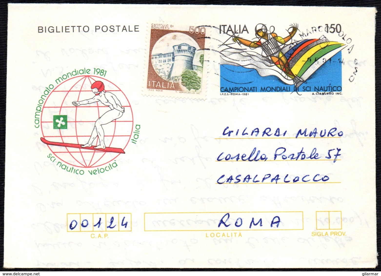 WATER SKIING - ITALIA 1991 - CAMPIONATO MONDIALE 1981 SCI NAUTICO VELOCITA' - BIGLIETTO POSTALE VIAGGIATO - Waterski