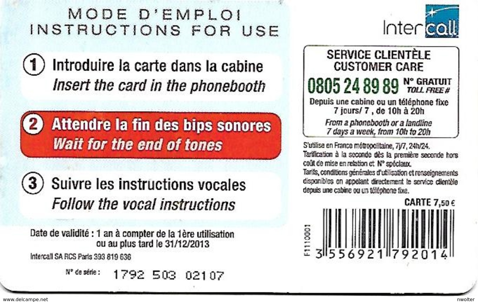@+ France - Intercall à Puce 7,50€ - Mariage N°4 - Code F1110001 - Ref : CC-INT6E Verso Logo Intercall - 31/12/2013 - 2011