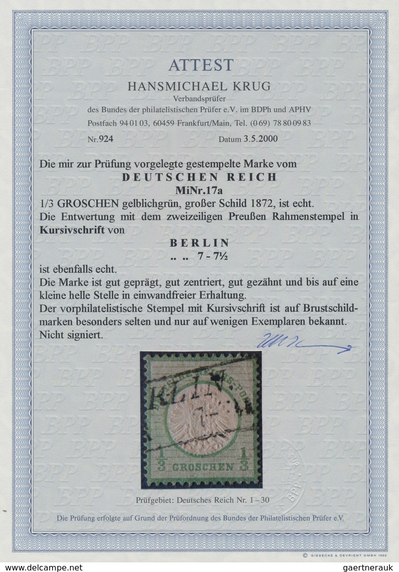 Deutsches Reich - Brustschild: 1872, Großer Schild 1/3 Gr. Grün Mit Hofpostamts-KURSIV-Ra2 "BERLIN . - Ongebruikt