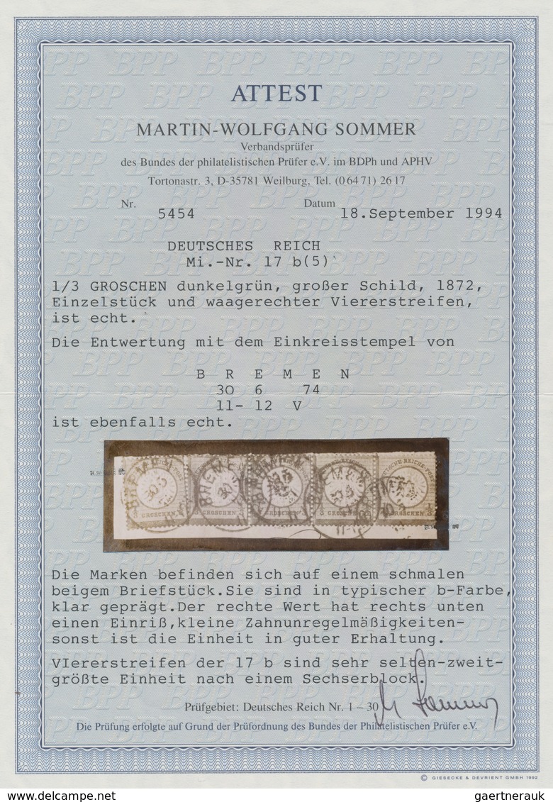 Deutsches Reich - Brustschild: 1872 Großer Schild 1/3 Gr. Dunkelgrün 4-er Streifen Auf Briefstück Mi - Ongebruikt