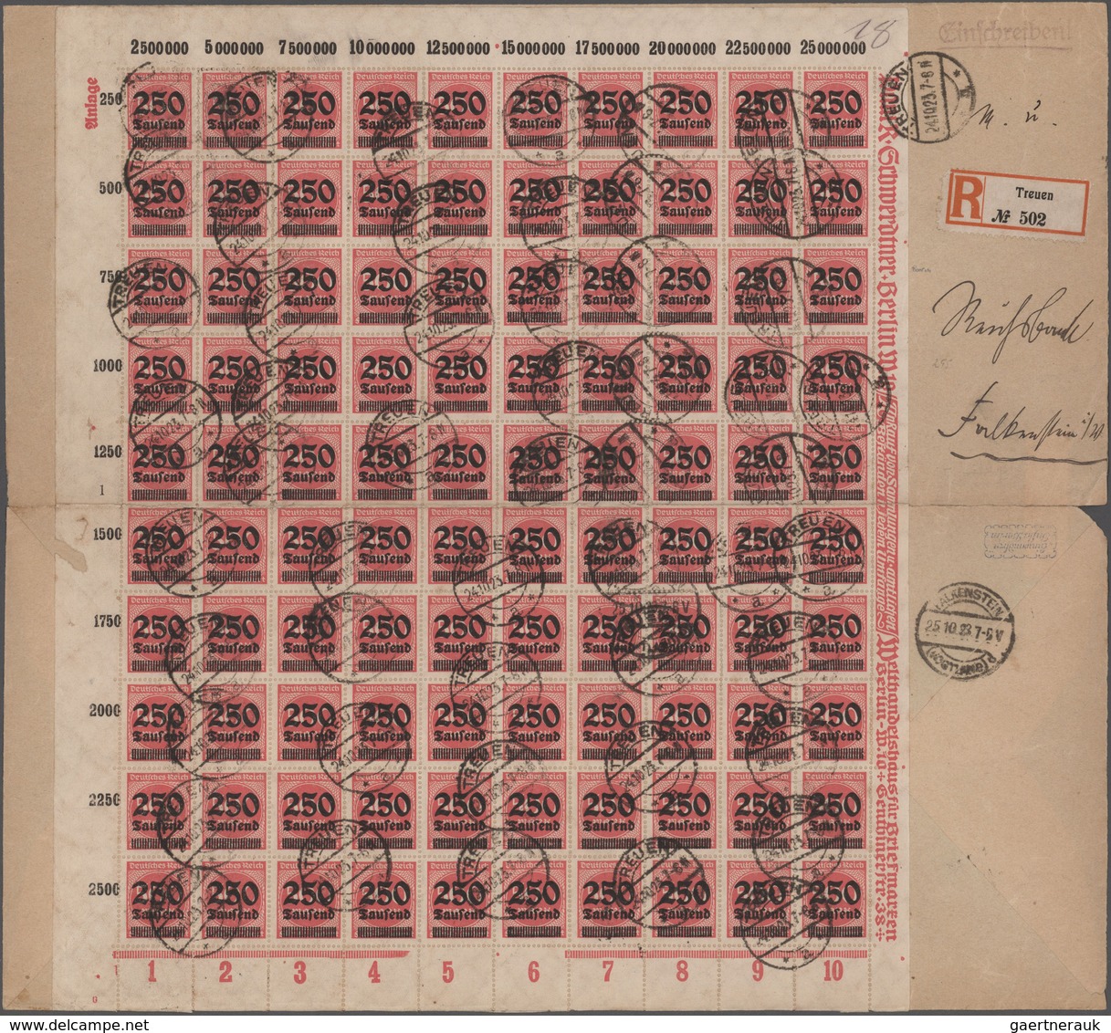 Deutsches Reich - Inflation: 1923, 250 Tsd Auf 500 M Hellilarot, Kompletter Bogen Im Plattendruck, O - Brieven En Documenten