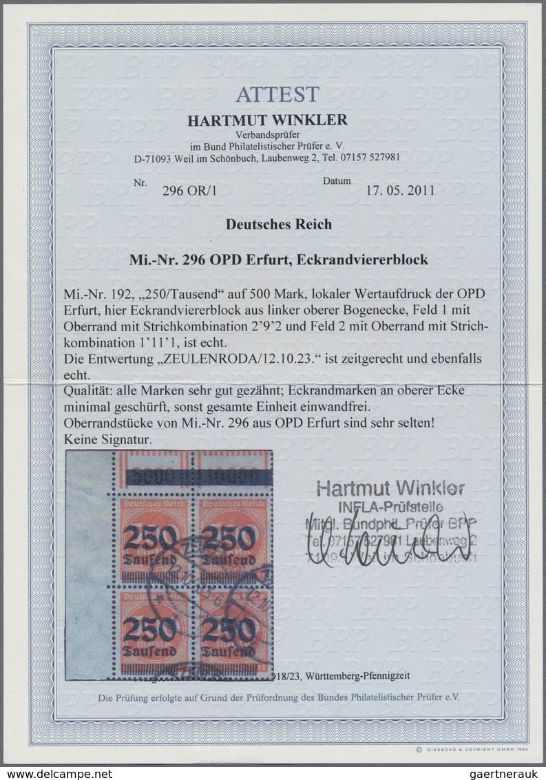 Deutsches Reich - Inflation: 1923, 250 Tsd Auf 500 Mark Dunkelzinnober, Lokaler Wertaufdruck Der OPD - Brieven En Documenten