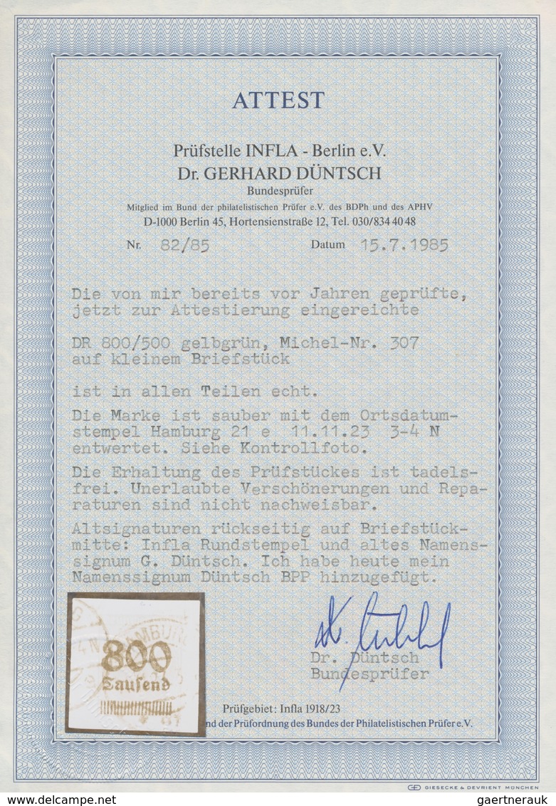 Deutsches Reich - Inflation: 1923, 800 Tsd. Auf 500 M. Gelbgrün, Gebraucht Auf Kleinem Briefstück Un - Brieven En Documenten