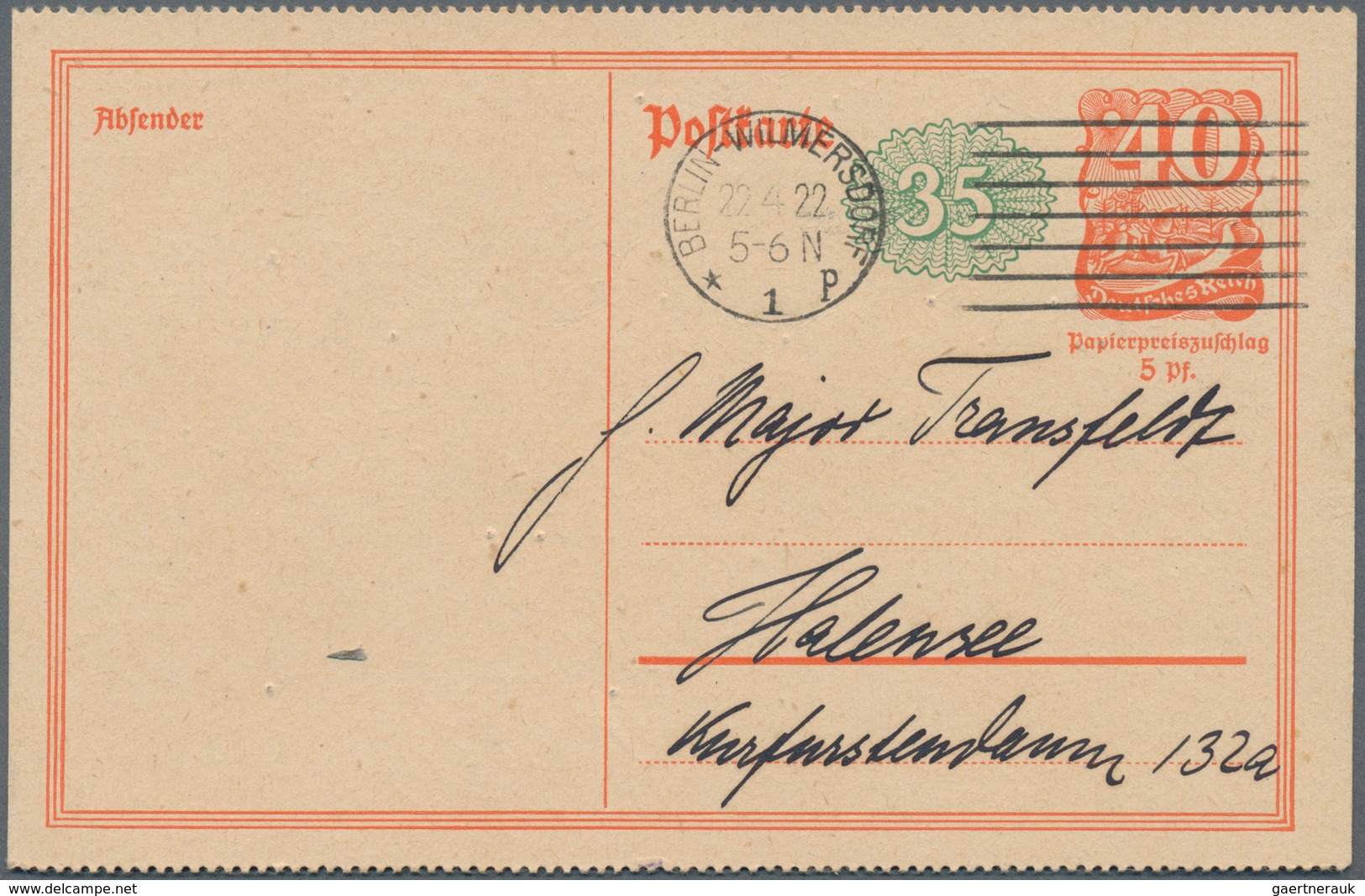 Deutsches Reich - Ganzsachen: 1922. Postkarte 35 Pf Grün Rosette Neben 40 Pf Rotorange Postreiter, G - Andere & Zonder Classificatie